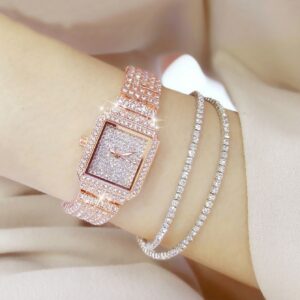 1pc Women Pink Zinc Alloy Strap Luxury Square Dial Quartz Watch & 2pcs Rhinestone Decor Bracelet, For Daily Decoration